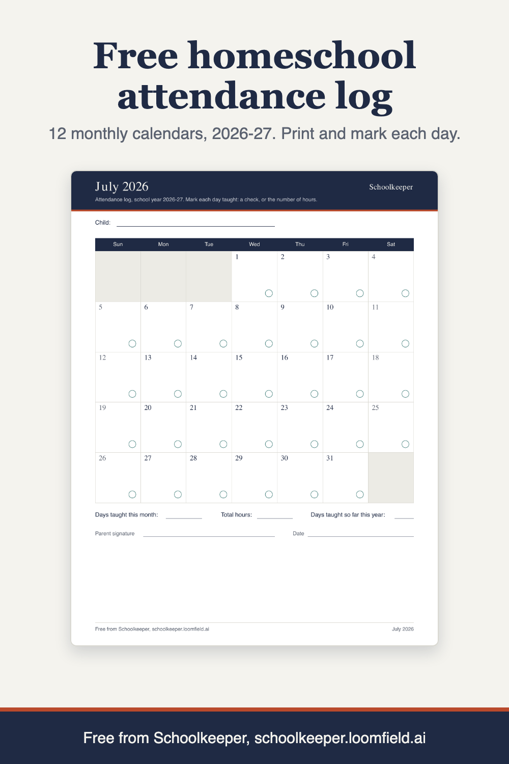 Preview of the attendance log: a monthly calendar grid