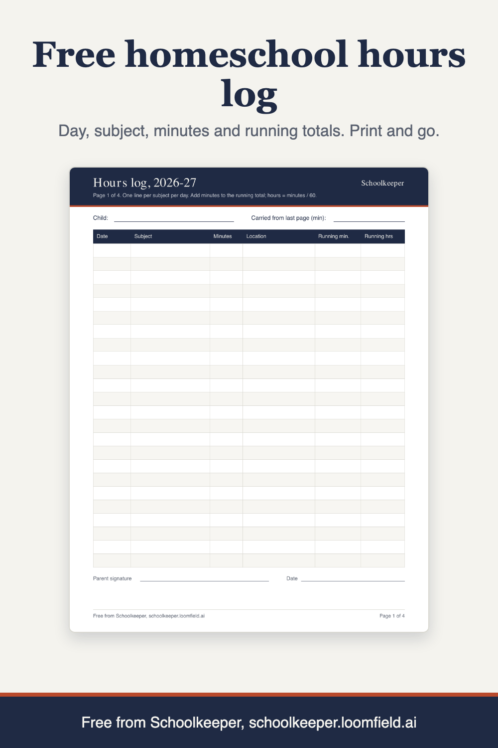 Preview of the hours log: a table of date, subject, minutes and location